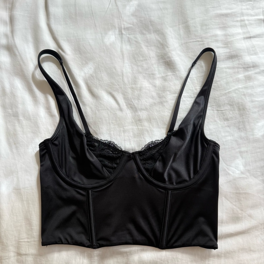 Abercrombie & Fitch Lace and Satin Balconette Corset Cropped Tank Top Black